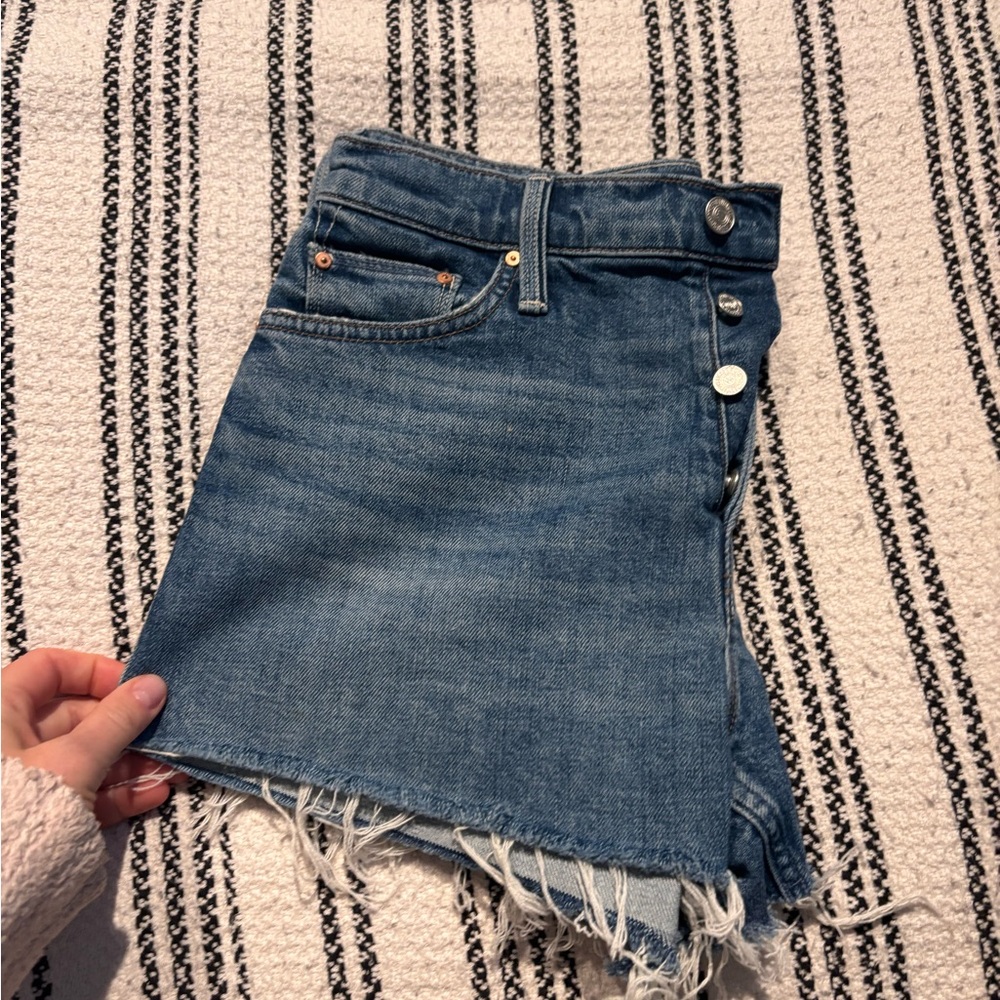 MOTHER Blue Denim Skirt with Distressed Hem